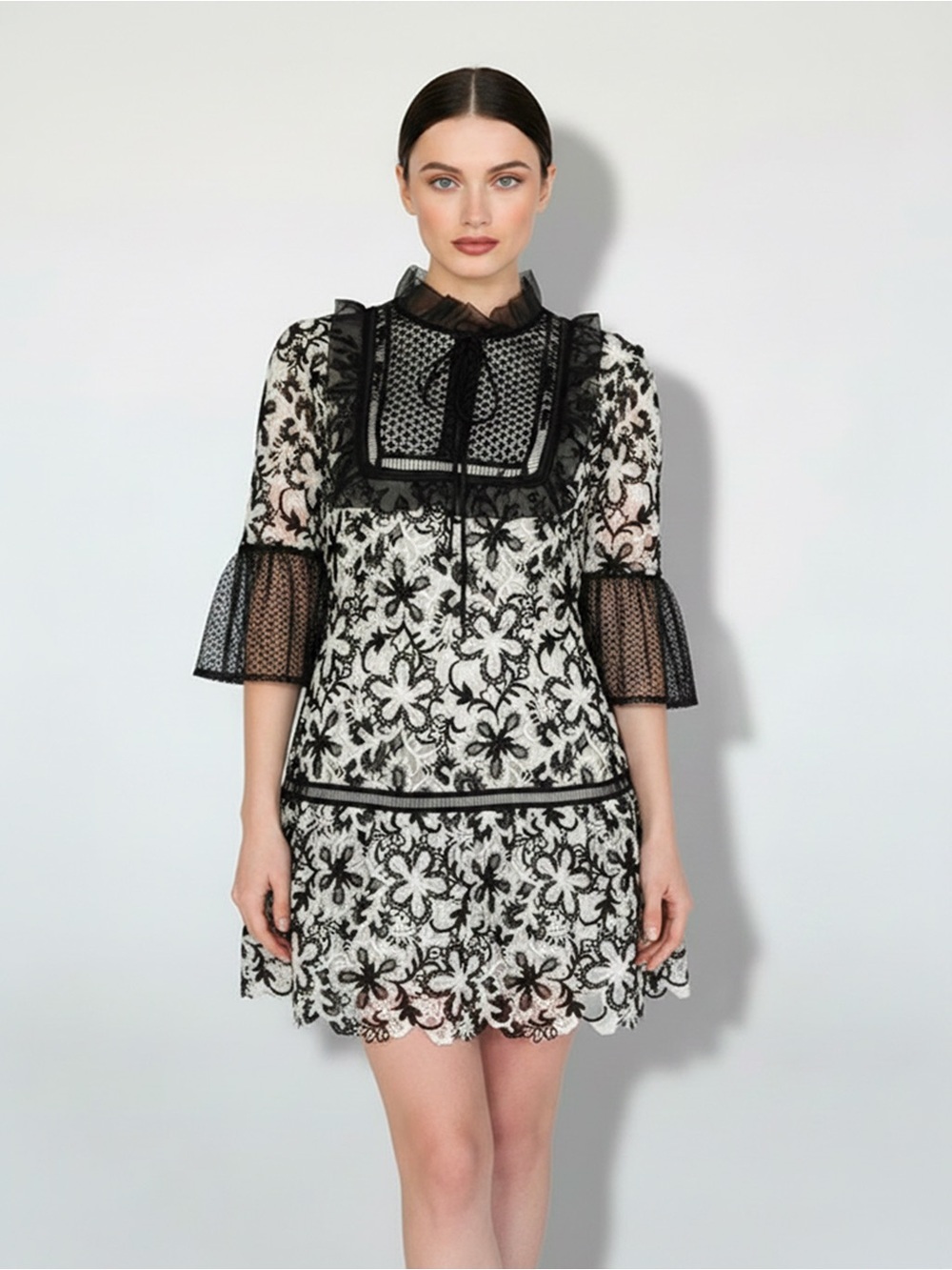 Self-Portrait Black White Floral Guipure Lace Mini Dress Bell Sleeve UK10/US6